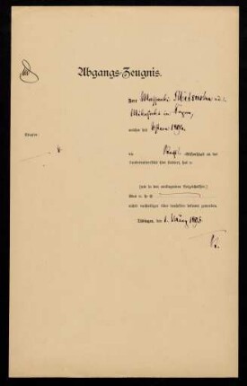 Abgangszeugnis. Tübingen, 01.03.1895.
