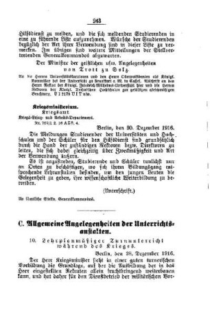 Lehrplanmäßiger Turnunterricht während des Krieges : [C. Allgemeine Angelegenheiten der Unterrichtsanstalten]