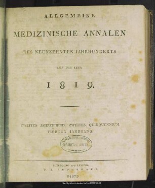 1819: Allgemeine medizinische Annalen des neunzehnten Jahrhunderts