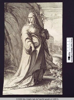 Frau mit Buch vor einem Fels.