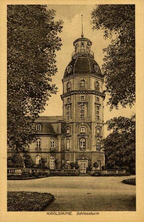 Postkartenalbum mit Motiven von Karlsruhe. "Karlsruhe. Schlossturm". Schlossturm mit angrenzendem Schlossgartenbereich