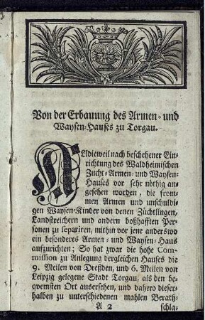 Von der Erbauung des Armen- und Waysen-Hauses zu Torgau.