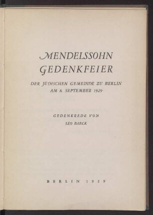 Mendelssohn Gedenkfeier der Jüdischen Gemeinde zu Berlin am 8. September 1929 : Gedenkrede