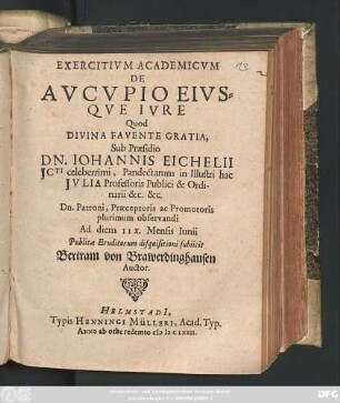 Exercitium Academicum De Aucupio Eiusque Iure