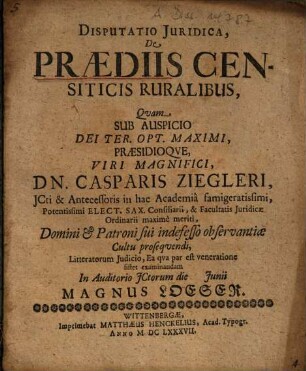 Disputatio Juridica [Iuridica], De Praediis Censiticis Ruralibus