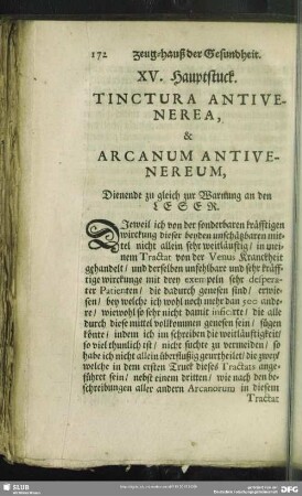 XV. Hauptstuck. Tinctura Antivenerea, & Arcanum Antivenereum