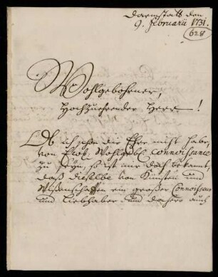 Brief von Johann Christoph Höflein an Johann Friedrich von Uffenbach, Darmstadt, 9.2.1731