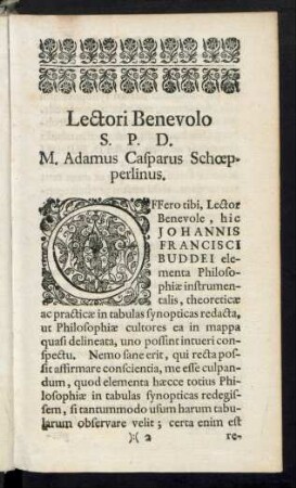 Lectori Benevolo S. P. D. M. Adamus Casparus Schoepperlinus