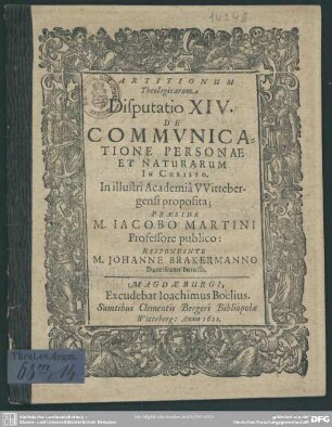 Partitionum Theologicarum, Disputatio XIV. De Commvnicatione Personae Et Naturarum In Christo