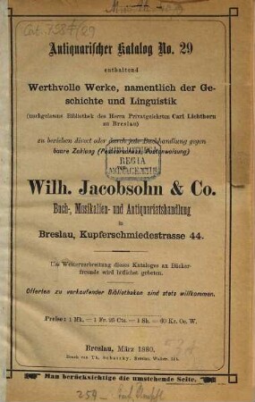 Antiquarischer Katalog. 29. 1880