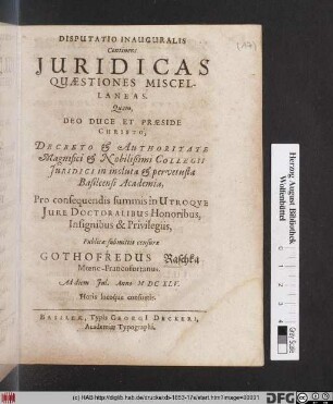 Disputatio Inauguralis Continens Iuridicas Quaestiones Miscellaneas
