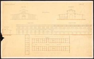 Viehmarkt und Schlachthof, Berlin Bebauungsplan Ackerstraße/ Brunnenstraße von 1862: Rinderschlachthaus: Grundriss, Ansichten, Schnitte