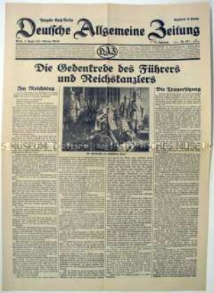 Tageszeitung "Deutsche Allgemeine Zeitung" u.a. zur Gedenkrede Hitlers vor dem Reichstag zum Tod von Hindenburg