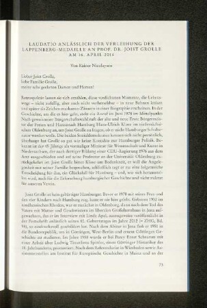 Laudatio anlässlich der Verleihung der Lappenberg-Medaille an Prof. Dr. Joist Grolle am 16. April 2014