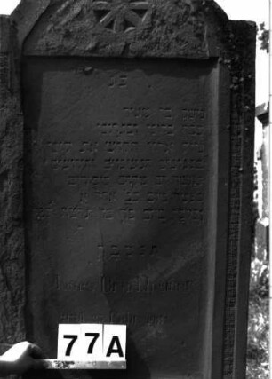 Grabstein 77 (Index: 99891729) Material: Sandstein Zustand: mäßig bis gut Beschreibung: rechteckige Stele, Rundbogenabschluß Symbolik: stilisierte Blüte im Rundbogen: Grabstein 77A
