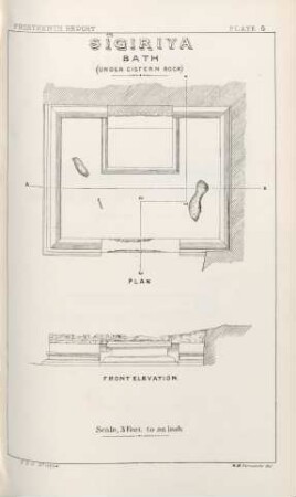 Plate G. Sîgiriya Bath. (Under Cistern Rock). Plan. Front elevation