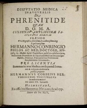 Disputatio Medica Inauguralis De Phrenitide