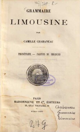 Grammaire Limousine par Camille Chabaneau : Phonétique. - Parties du discours