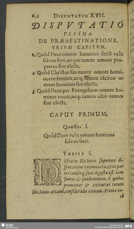 Disputatio Ultima. De Praedestinatione. Trium Capitum