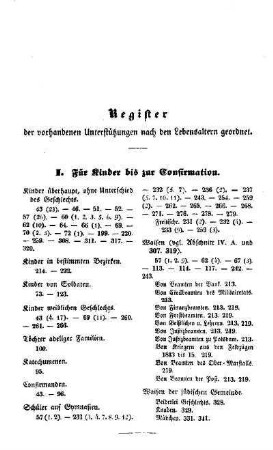 Register der vorhandenen Unterstützungen nach den Lebensaltern geordnet
