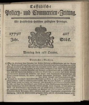 42tes Stueck, Montag den 18ten October. 1779