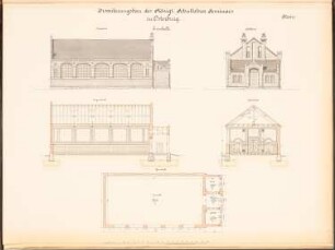 Lehrerseminar, Osterburg: Turnhalle: 2 Ansichten, 2 Schnitte, Grundriss