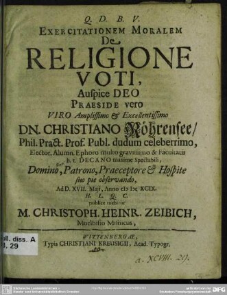Exercitatio moralis: De religione voti
