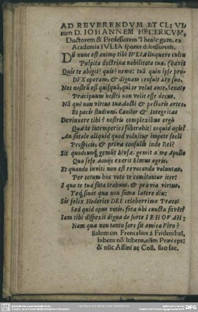 Ad Reverendum Et CL: Virum D. Iohannem Hedericum