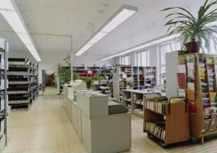Ausleihtheke und Mitarbeiterplätze, links Freihandbereich gebundene Zeitschriften, rechts vorn Zeitschriftenauslage