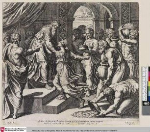 [Die Königin von Saba besucht Salomo und bringt ihm großen Reichtum.; La reine de Saba visitant Salomon et lui apportant de grandes richesses.]