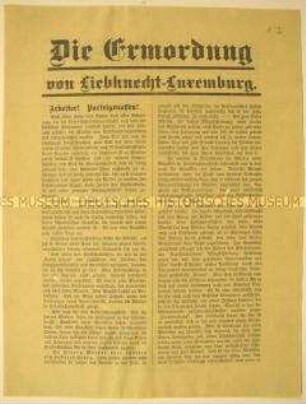 An die Arbeiter und gegen die Regierung gerichtete Darstellung der Kommunisten der Ermordung Karl Liebknechts und Rosa Luxemburgs - programmatische Rekonstruktion der Ereignisse
