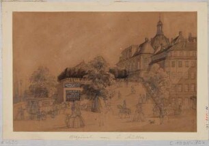 Blick auf die Treppe der Brühlschen Terrasse nach Südosten mit dem Fürstenbergischen Haus (Finanzhaus) und dem Palais Brühl (um 1900 für Ständehaus abgerissen)