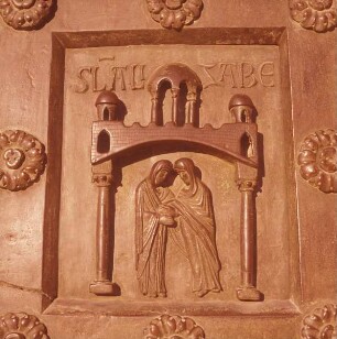 Tür der Porta di San Ranieri / Bronzetür mit Szenen zum neuen Testament — linker Türflügel — erste Bildreihe, rechtes Feld: Die Heimsuchung