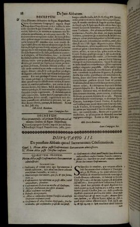 Disputatio III. De potestate Abbatis quoad Sacramentum Confirmationis.