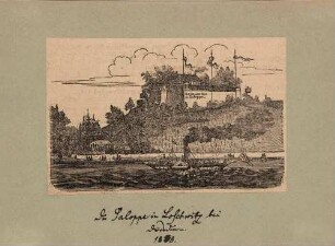 Der Ausflugsgasthof Saloppe im Fachwerkstil am rechten Elbufer zwischen Loschwitz und Dresden (1813 Raststätte als Bretterbude, 1822 Neubau im Fachwerkstil, 1876 Neubau im neoromanischem Baustil)