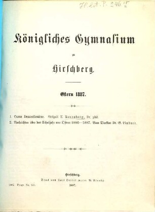 Königliches Gymnasium zu Hirschberg i. Schl. : Ostern .... 1886/87