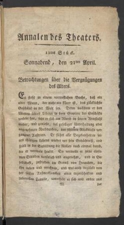 12tes Stück. Sonnabend, den 21ten April