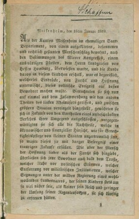 [Druckschrift wegen Meisenheim 1819]