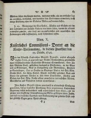 Num. X. Kaiserliches Commißions-Decret an die Reichs-Versammlung,[...]
