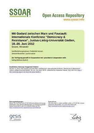 Mit Godard zwischen Marx und Foucault: internationale Konferenz "Democracy & Resistance", Justus-Liebig-Universität Gießen, 18.-20. Juni 2012
