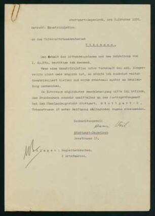 Korrespondenz bezügl. Sittenzeugnis (Okt.1935)