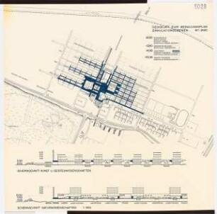 Universität Bremen: Deckblatt zum Bebauungsplan, Lageplan und Schemaschnitte, 1:2500 und 1:500