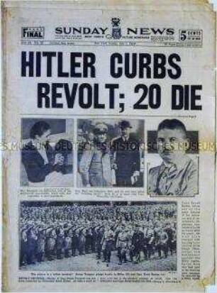 US-amerikanische Sonntagszeitung "Sunday News" u.a. zum "Röhm-Putsch" in Deutschland