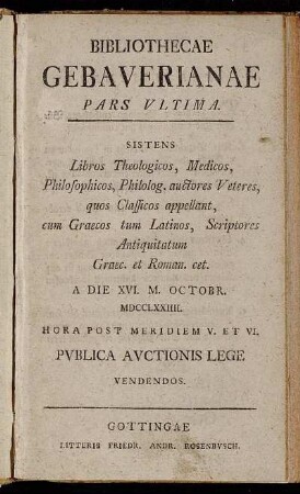 3: Sistens Libros Theologicos, Medicos, Philosophicos, Philolog. auctores Veteres ... A Die XVI. M. Octobr. MDCCLXXIIII. ... Pvblica Avctionis Lege Vendendos