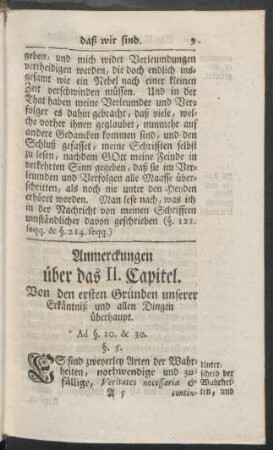 Anmerckungen über das II. Capitel. Von den ersten Gründen unserer Erkäntniß und allen Dingen überhaupt
