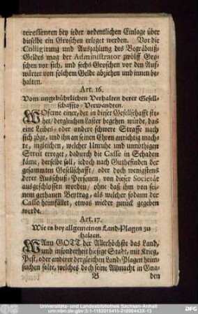 Art. 17. Wie es bey allgemeinen Land-Plagen zu halten.