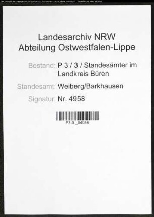 Sterberegister Standesamt Weiberg/Barkhausen