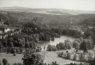 Greiz, Parksee : Greiz. Blick über den Parksee zum Oberen Schloss