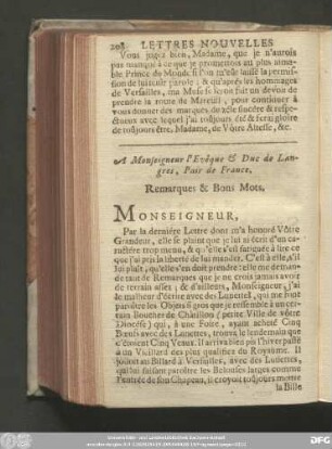 A Monseigneur l'Evêque & Duc de Langres, Pair de France. Remarques & Bons Mots.