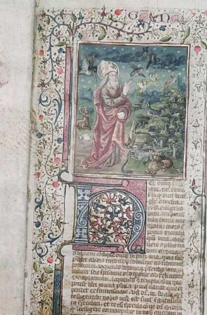 Postillum von Nicolaus von Lyra — Erschaffung der Tiere und Initiale N, Folio 1 recto